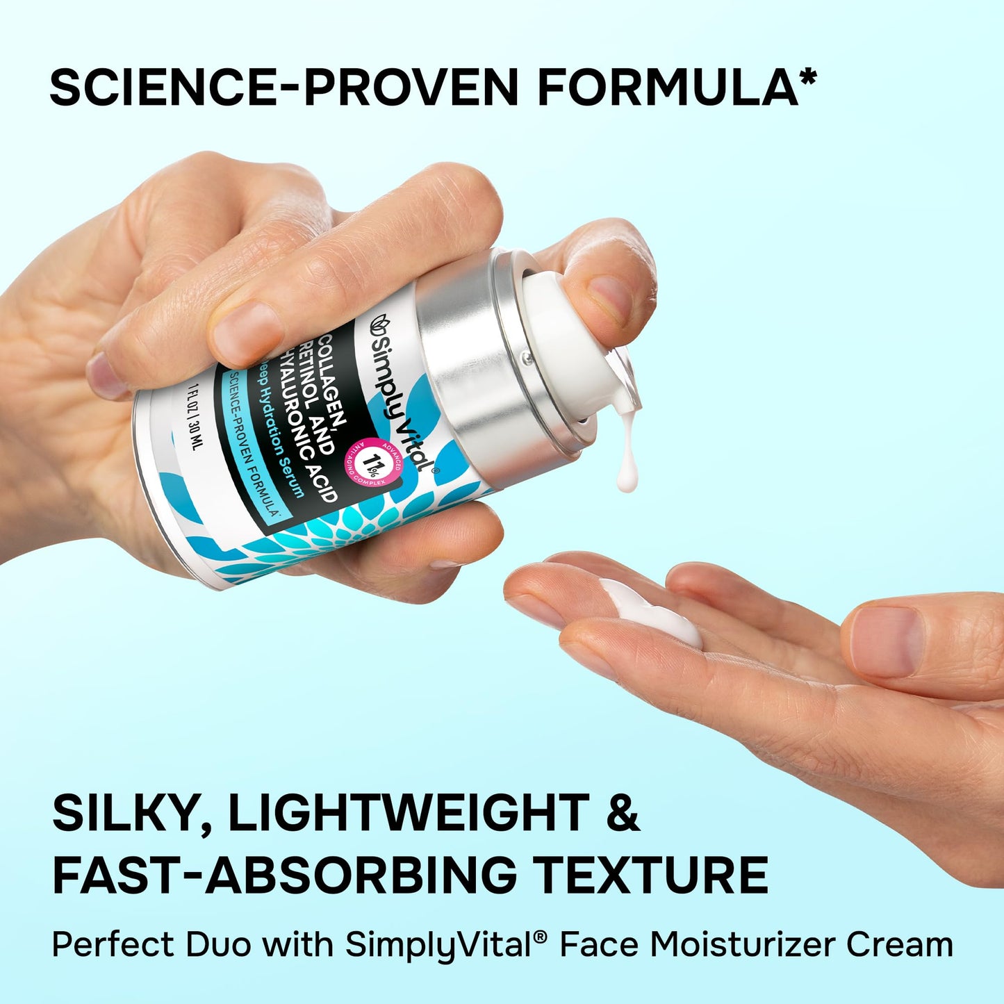 SimplyVital Collagen, Retinol & Hyaluronic Acid Serum - Anti-Aging Moisturizer for Face, Neck & Décolleté - Deep Moisturizing Skin Care Complex - Hydrating Facial Serum for Women, 1 fl.oz