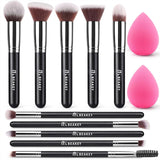 BEAKEY Makeup Brushes Set, Professional Foundation Eyeshadow Concealer Blush Powder Bronzer Applicator, 2 Blender Sponge with Beauty Paper Case