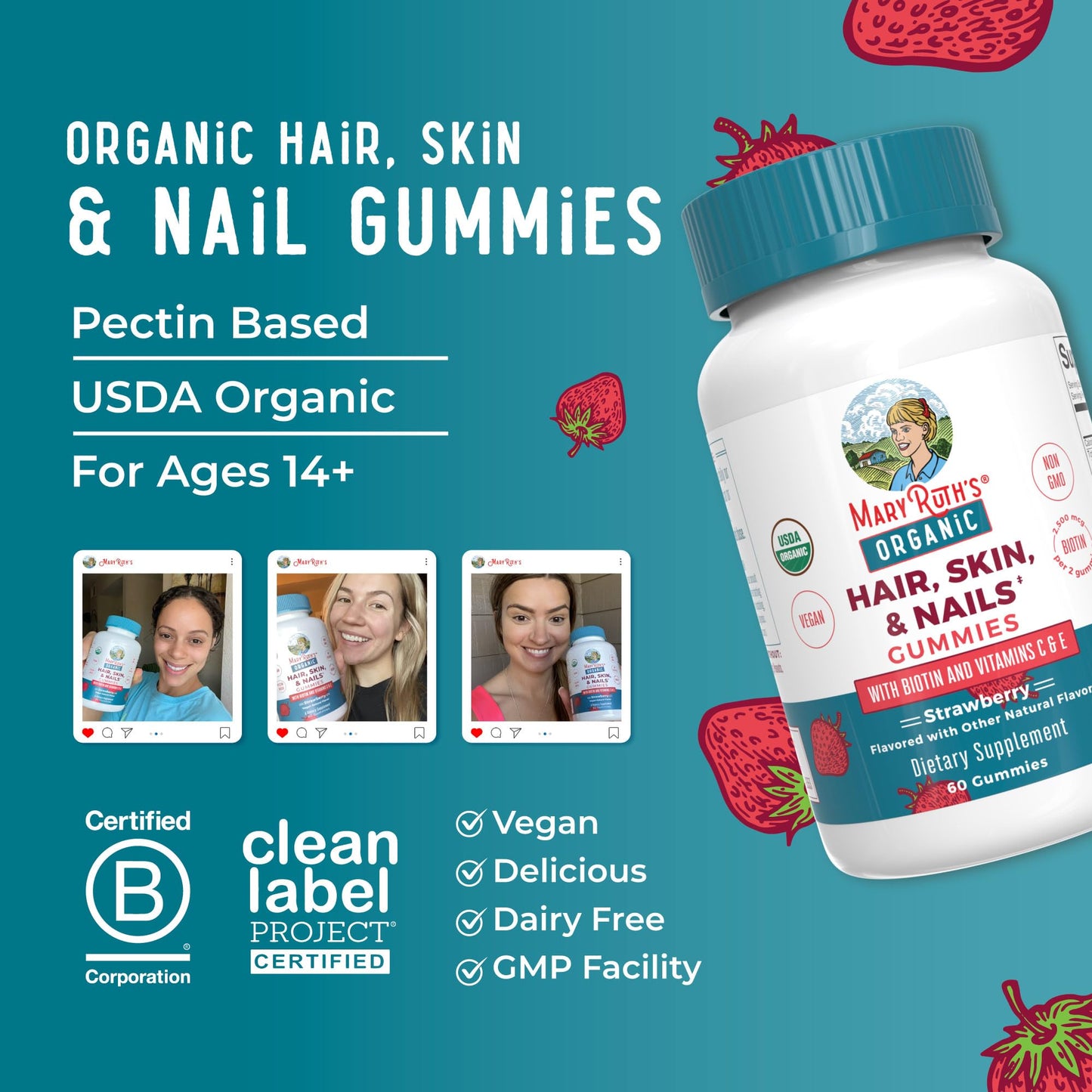 MaryRuth's Hair Skin and Nail Vitamins | USDA Organic | 2500 mcg Biotin Gummies with Vitamin C & Vitamin E | Hair Growth Vitamins | Skin Care | Nail Growth | Ages 14+ | 60 Count