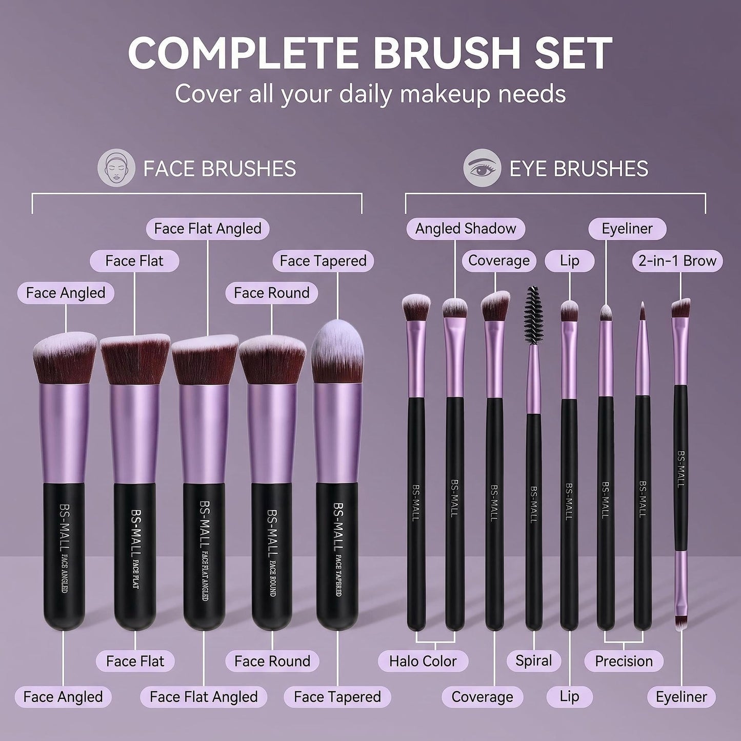 BS-MALL Makeup Brushes Premium Synthetic Foundation Powder Concealers Eye Shadows 14 Pcs Purple for Makeup Beginner or Professional with Travel Case