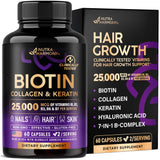 Biotin | Collagen | Hyaluronic Acid | Keratin - Hair Growth & Strength Support Vitamins - Skin & Nails Supplement - Clinically Tested for Men & Women - 25000mcg Vitamins B1, B2, B3, B6 & B7 - 60 Caps