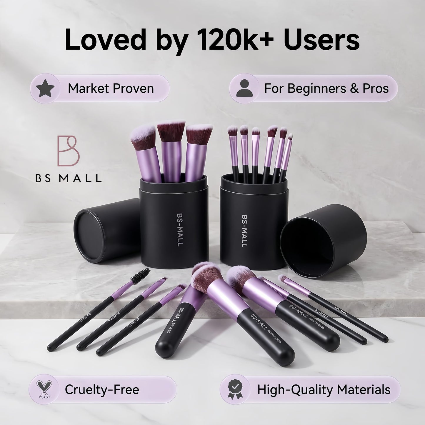 BS-MALL Makeup Brushes Premium Synthetic Foundation Powder Concealers Eye Shadows 14 Pcs Purple for Makeup Beginner or Professional with Travel Case