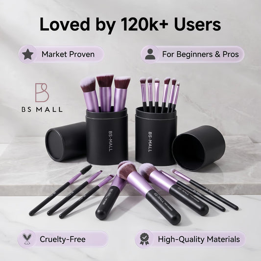 BS-MALL Makeup Brushes Premium Synthetic Foundation Powder Concealers Eye Shadows 14 Pcs Purple for Makeup Beginner or Professional with Travel Case