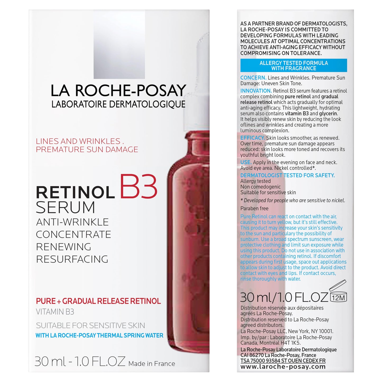 La Roche-Posay Pure Retinol Face Serum with Niacinamide (Vitamin B3) & Hyaluronic Acid | Gentle Anti-Aging Retinol Serum for Fine Lines & Wrinkles | Dermatologist Tested for Sensitive Skin, 1.0 fl oz