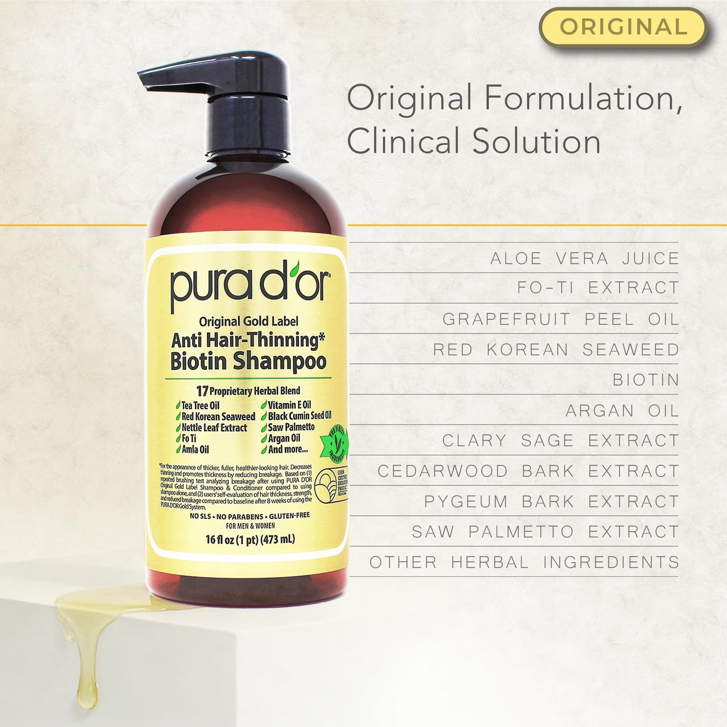 PURA D'OR Anti-Thinning Biotin Shampoo and Conditioner, CLINICALLY TESTED Effective Results, Herbal Blend Thickening Products For Women & Men, Original Gold Label Set, Natural Earthy Scent, 16oz x2