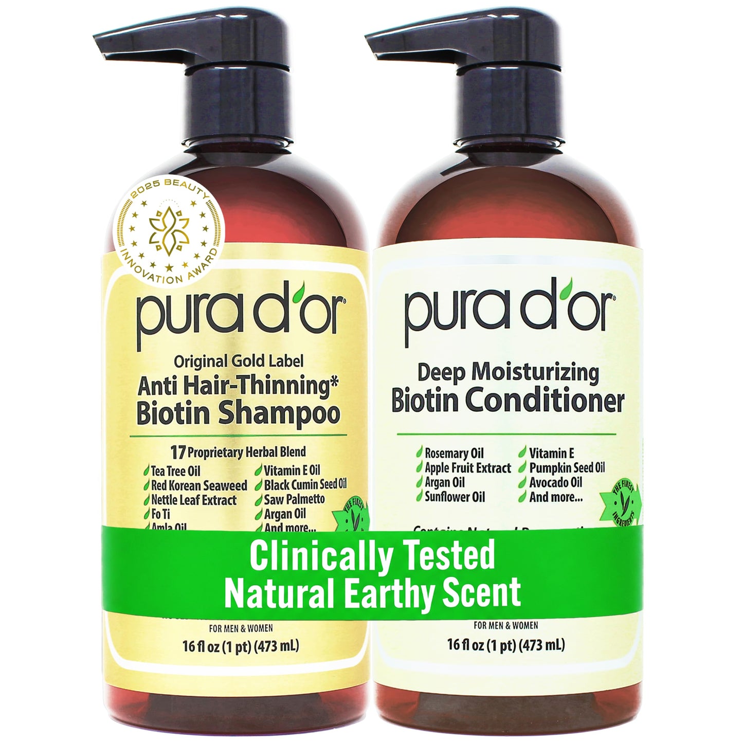 PURA D'OR Anti-Thinning Biotin Shampoo and Conditioner, CLINICALLY TESTED Effective Results, Herbal Blend Thickening Products For Women & Men, Original Gold Label Set, Natural Earthy Scent, 16oz x2
