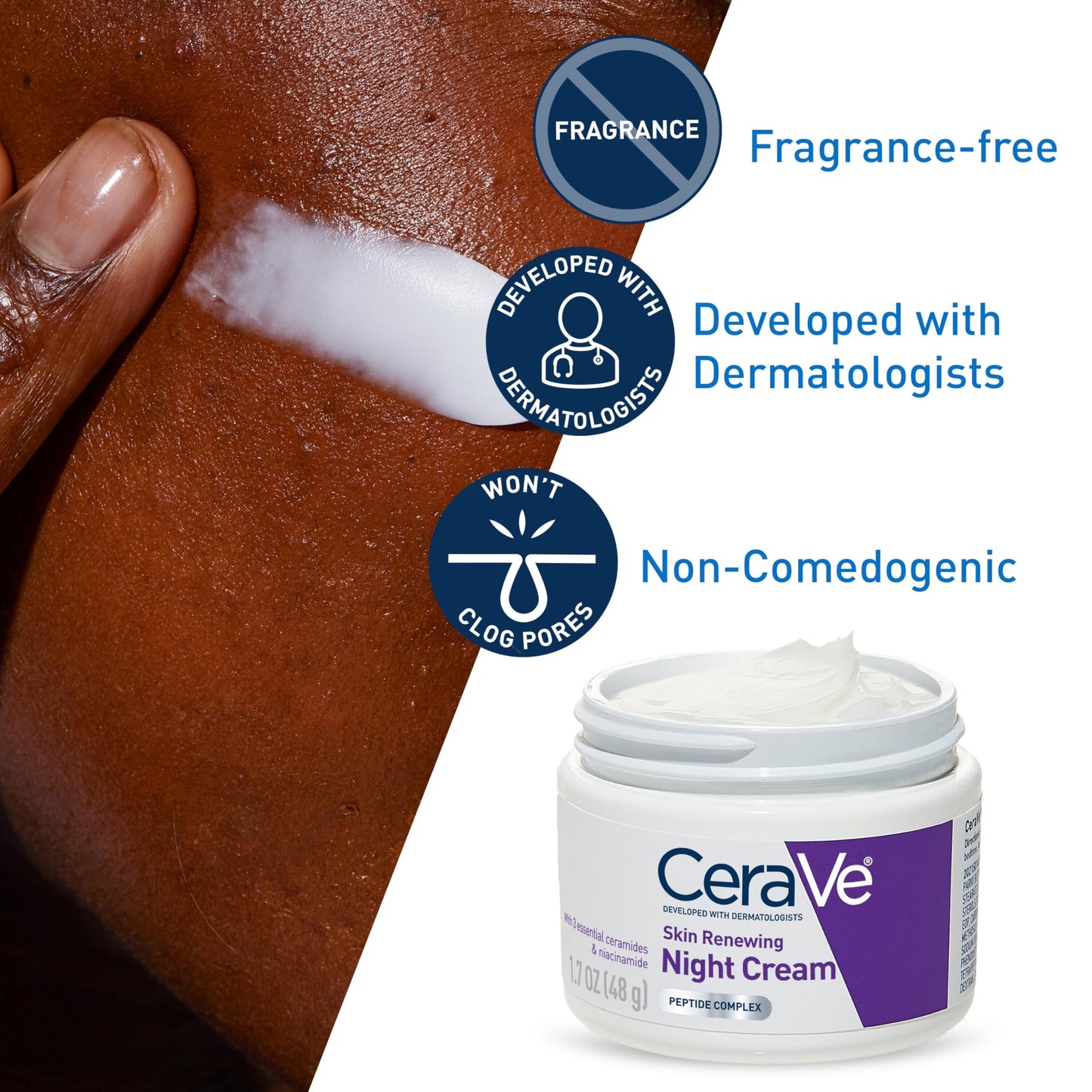 CeraVe Skin Renewing Night Cream, Peptide Complex, Hyaluronic Acid & Ceramide Moisturizer for Face, 1.7 Ounce