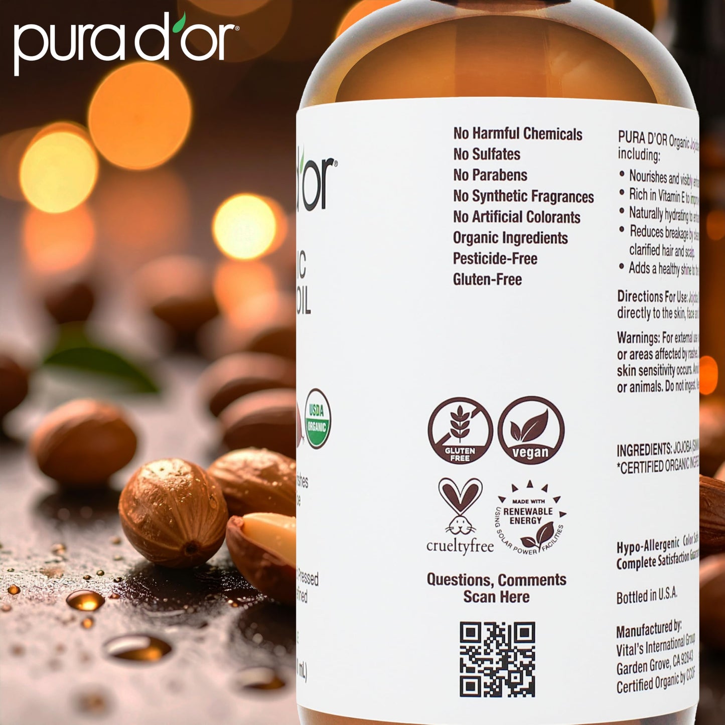 PURA D'OR ORGANIC Jojoba Oil (16.9 Oz GLASS BOTTLE) USDA Certified - 100% Pure & Natural