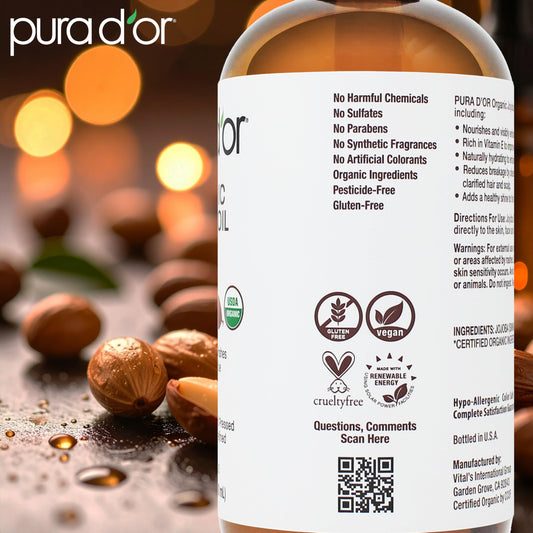 PURA D'OR ORGANIC Jojoba Oil (16.9 Oz GLASS BOTTLE) USDA Certified - 100% Pure & Natural