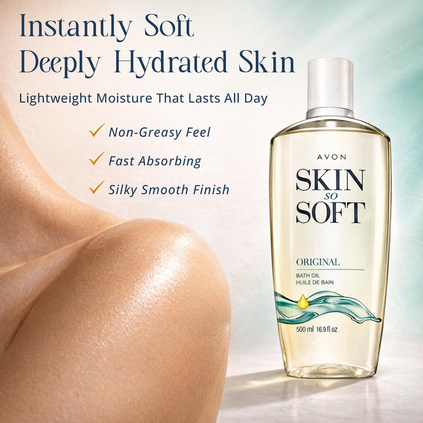 AVON Skin So Soft Original Bath Oil for Women, Moisturizing Body Oil with Jojoba Oil for Dry Skin, 16.9 fl oz Hydrating Shower Oil; Perfect as an After-Shower Skin Softener for All Adults