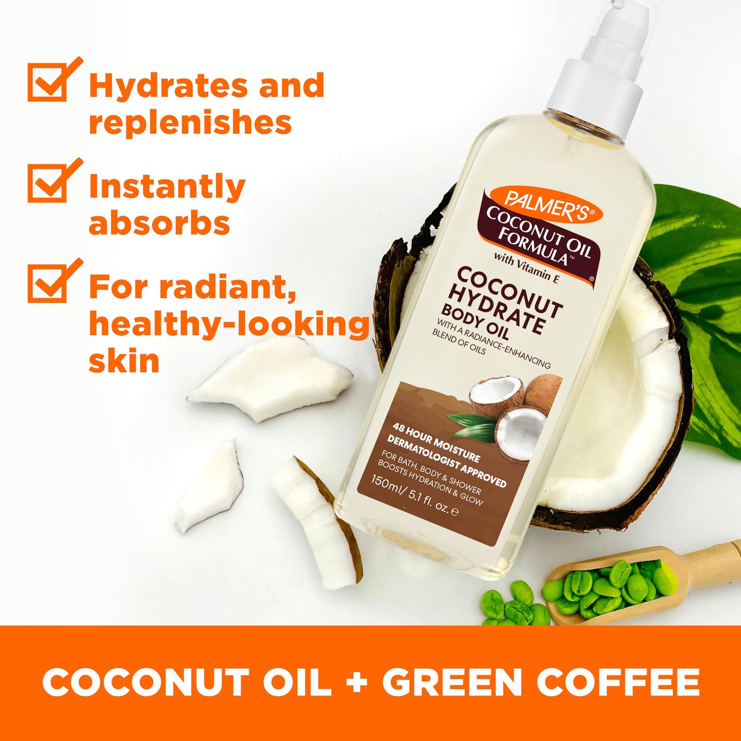 Palmer's Coconut Oil Formula Body Oil, Body Moisturizer with Green Coffee Extract, Bath Oil for Dry Skin, 5.1 Ounces (Spray Cap)