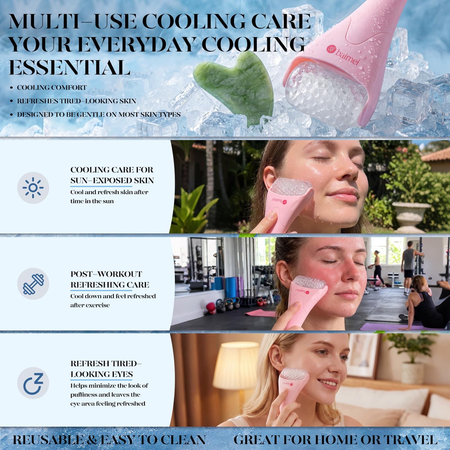 BAIMEI IcyMe Ice Roller for Face and Gua Sha Facial Tool Set, Ice Face Roller Reduces Puffiness Relieves Migraines Skin Care Tools, Self Care for Women - Pink